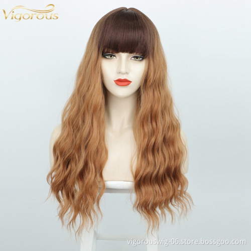 Synthetic Wigs None Lace For Women Heat Resistant Fiber Long Natural Wavy Hair With Bangs Ombre Color High Quality  Middle Part